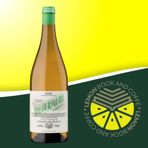 Botella de vino blanco Valderivero Verdejo con copa servida