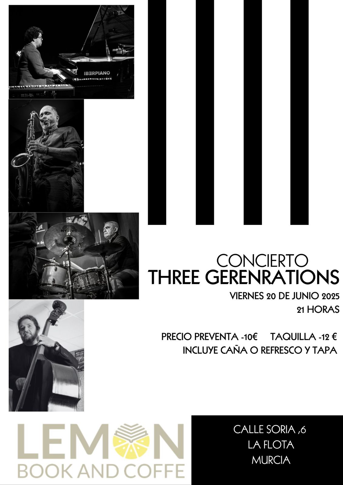 Vive una noche inolvidable de jazz en La Flota: concierto Three Generations en Lemon Book and Coffe