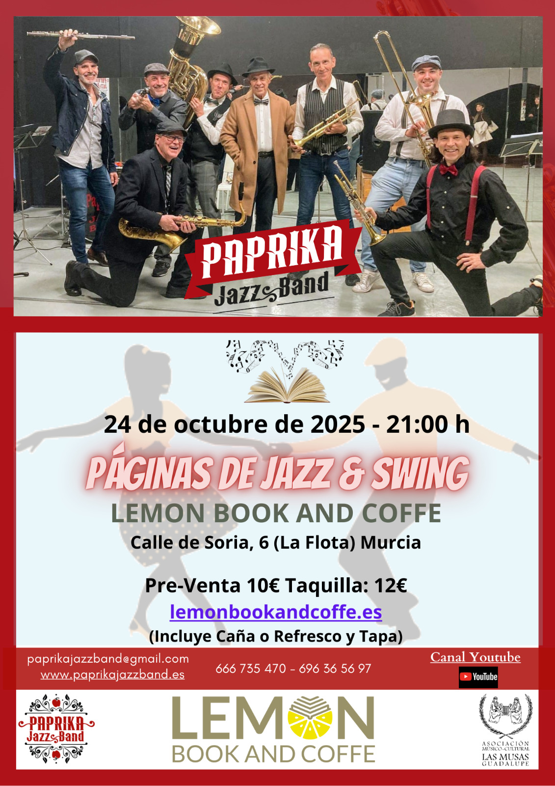 Paprika Jazz Band en concierto de jazz y swing en Lemon Book and Coffe Murcia