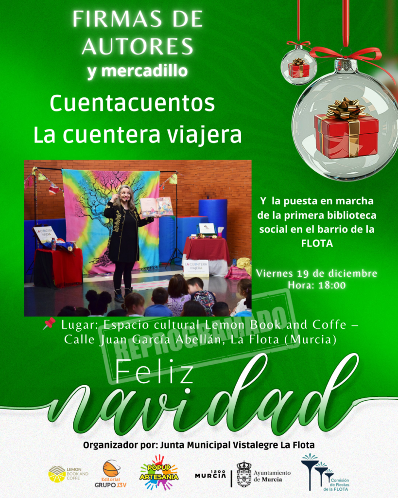 Cuentacuentos La cuentera viajera en Lemon Book & Coffe La Flota Murcia durante firmas de autores y mercadillo navideño