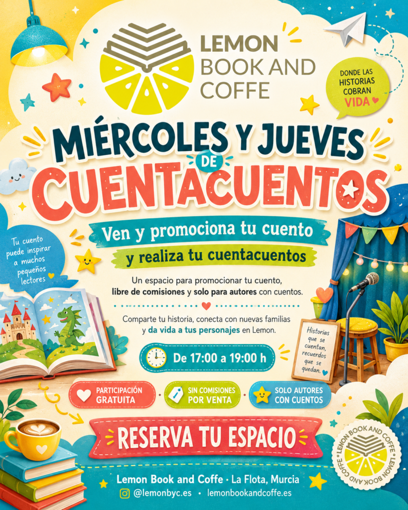 Cuentacuentos en Lemon Book and Coffe La Flota Murcia para autores infantiles que quieran promocionar su cuento y conectar con familias.
