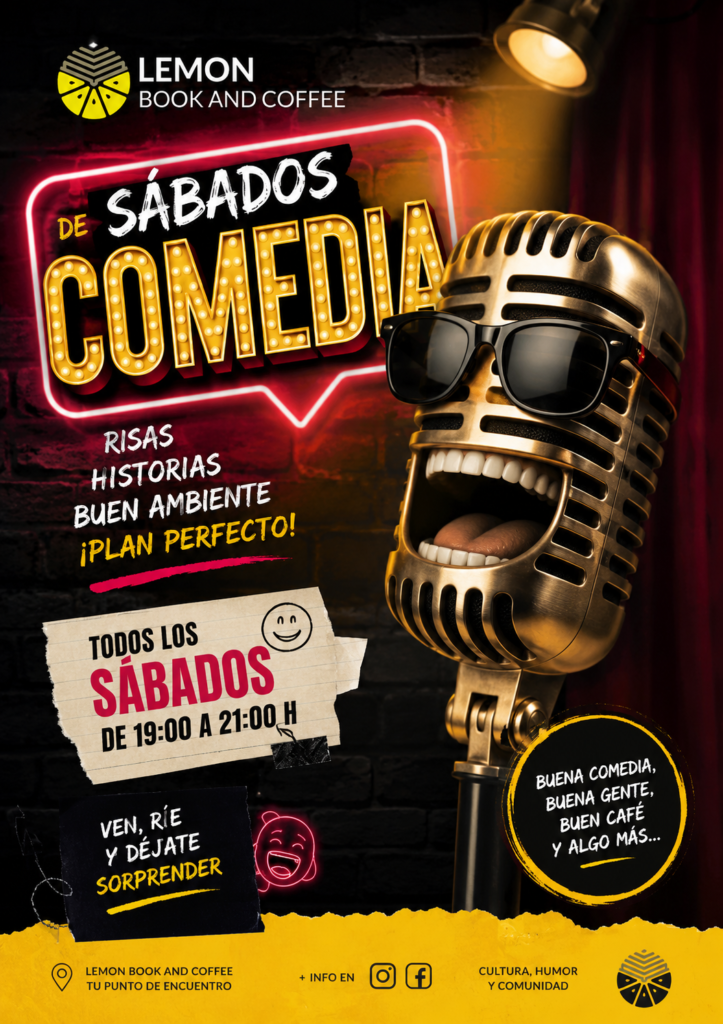 Sábados de comedia en Lemon Book and Coffe Murcia con risas, historias, buen ambiente, café, cultura y comunidad.